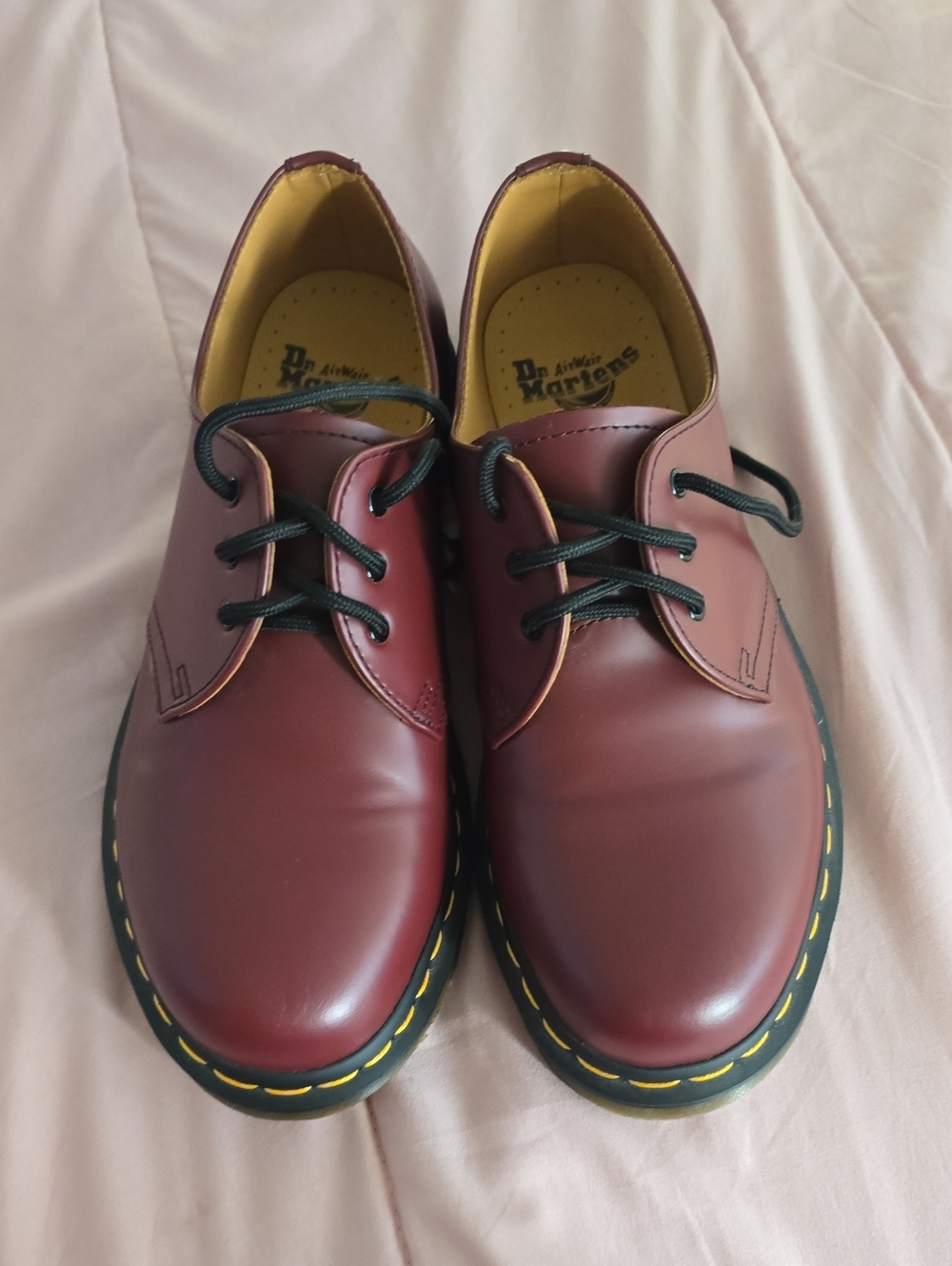 Dr. Martens Mens  Oxblood Leather Lace-Up Shoes with Yellow Welt Stitching